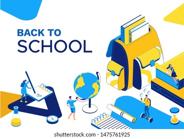 Back to school isometric landing page, learning people set, 3d students read book, library, learn lesson, class concept, backpack, college pupil, blue, yellow, stationery, modern creative characters