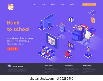 Back to school isometric landing page. Elementary and high schools education isometry concept. Distance education program, online learning flat web page. Vector illustration with people characters.