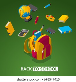 Back to school isometric poster with 3d vector symbols