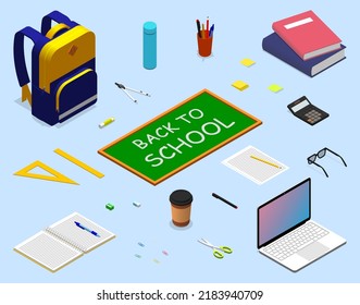 Back to school isometric set illustration. Set of backpack, greenboard, laptop, books, paper, pen, pencil, marker, ruler, compass, glue, scissor, eraser, sharpener, eyeglasses, calculator, clip, etc. 