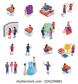 Back to school isometric set with isolated characters of children with backpacks stationery and educational materials vector illustration