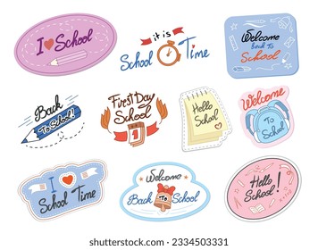 Back to school isometric stickers set with stationery backpack calendar and place for text vector illustration. Educational supplies learning lesson elements badges with pencil notebook and ring bell