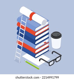 Back to school isometric vector illustration. Stack of books with ladder, eyeglasses, cup of coffee and rolled diploma on top. Knowledge, bachelor degree, achievement concept.