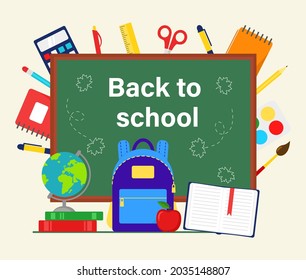 Back to school with school items. Banner design. Vector illustration in flat style.