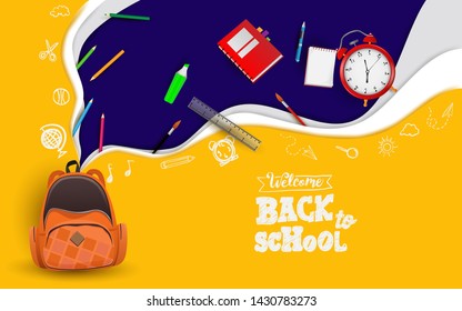 Back to school with school items and elements. space imagination. background and poster or promotion back to school