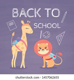 Back to school with school items and elements. vector banner design and animals students