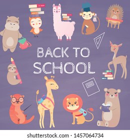 Back to school with school items and elements. vector banner design and animals students