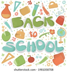 Back to school with school items and elements. vector banner design. Background Banner with text, Backpack and Educational Supplies, Pen, Pencil. school doodle ellement