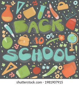 Back to school with school items and elements. vector banner design. Background Banner with text, Backpack and Educational Supplies, Pen, Pencil. school doodle ellement