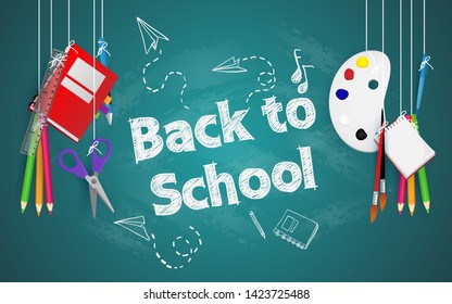 Back to school with school items and equipments on 
the blackboard.