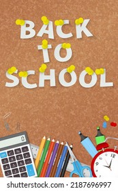 Back To School With School Items And Equipments On Bulletin Board. Vertical Vector Illustration. School Background. 