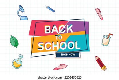 Back to school with school items and equipments on the blackboard.