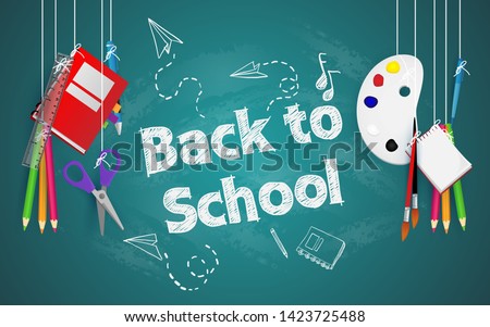 Back to school with school items and equipments on 
the blackboard.