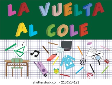 
Back to school.. School items on grid sheet and headline on the blackboard