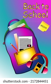 Back to school, items, school supplies with backpack, vector cartoon illustration poster, banner, flyer design