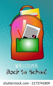  Back to school, items, school supplies with backpack, vector cartoon illustration poster, banner, flyer design