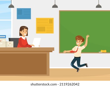 Back to School with Jumping Boy and Teacher Sitting at Desk Vector Illustration
