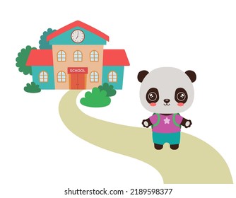 Back To School Kawaii Animal Vector Illustration. Cute Panda Student And Path To School Building. Smiling Panda Animal Cartoon Character. Elementary School Clipart Flat Design Chibi Style.