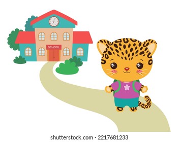 Back To School Kawaii Animal Vector Illustration. Cute Cheetah Student And Path To School Building. Smiling Leopard Jaguar Animal Cartoon Character. Elementary School Clipart Flat Design Chibi Style.