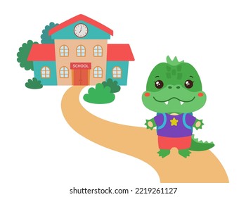 Back To School Kawaii Animal Vector Illustration. Cute Crocodile Student On Path To School Building. Smiling Dinosaur Little Dragon Cartoon Character. Elementary School Clipart Logo Flat Design.