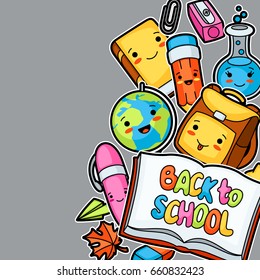 Back to school. Kawaii background with cute education supplies.