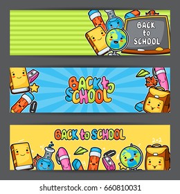 Back to school. Kawaii banners with cute education supplies.