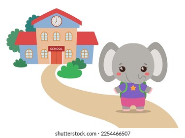 Back to school kawaii elephant vector illustration. Cute animal student on a path to school building. Smiling elephant fun animal cartoon character. Elementary school clipart flat design.