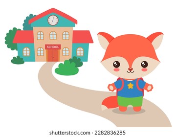 Back to school kawaii fox vector illustration. Cute fox animal student on a path to school building. Smiling animal cartoon character. Elementary school fun clipart flat design.