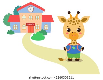 Back to school kawaii giraffe vector illustration. Cute giraffe animal student on a path to school building. Smiling animal cartoon character. Elementary school fun clipart flat design.