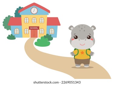 Back to school kawaii hippo vector illustration. Cute hippopotamus animal student on a path to school building. Smiling animal cartoon character. Elementary school fun clipart flat design.