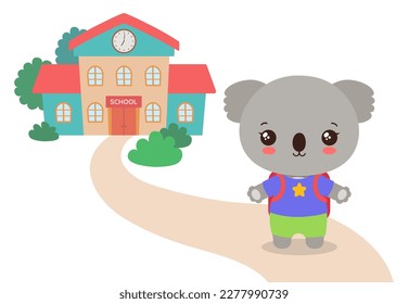 Back to school kawaii koala vector illustration. Cute koala bear animal student on a path to school building. Smiling animal cartoon character. Elementary school fun clipart flat design.