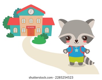 Back to school kawaii raccoon vector illustration. Cute raccoon woodland animal student on a path to school building. Smiling animal cartoon character. Elementary school fun clipart flat design.