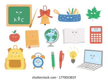 Back to school kawaii vector set of elements. Educational clipart collection with cute flat style smiling objects.  Funny schoolbag, pencil, alarm, bell, apple illustration for kids.
