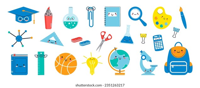 Back to school kawaii vector school supplies . Educational clipart set with cute flat style smiling objects.