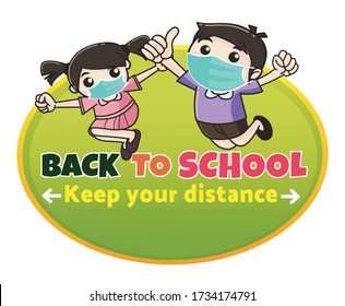 Back to school . keep your distance . covid-19 back to school Vector illustration