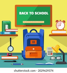 Back To school kid backpack illustration with other equipment