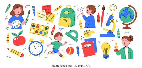 Regreso a la escuela. Carácter infantil. Suministros para estudiantes, niños y niñas felices. Lindo estudiante, icono geométrico. Elemento de Ciencia, diseño educativo. Vector Garish pegatina de dibujos animados de estilo plano aislado conjunto