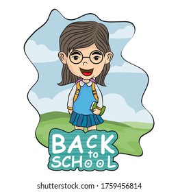 Back to School, school kid, girls hold books and carry bags. Vector illustration.