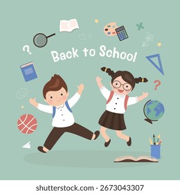 Regreso a la escuela. El niño salta de alegría. Feliz de volver a la escuela. Pequeños estudiantes en salto. Compañeros de clase, amigos con artículos escolares. Ilustración vectorial de dibujos animados de estilo plano