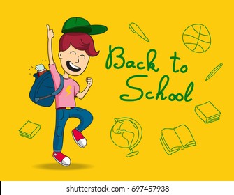 Back to school. Kid jumps for joy. Happy to be heading back to school. Cartoon vector illustration.