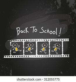 Back to school kid running animation on filmstrip. Educational Chalk on blackboard doodle style vector illustration 