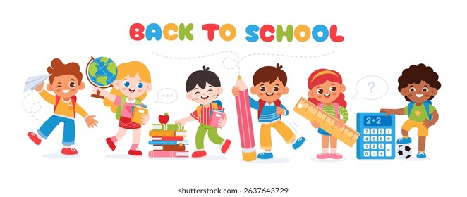 Back to school. Kids school banner. Playful background with happy children with backpacks, school supplies, books, globe, pencils. Educational learning programs, centers. Vector concept.