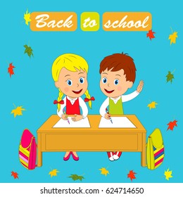 Back to school. kids, boy and girl sit at the desk, illustration, vector