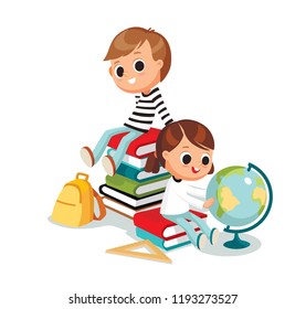 Back to school. Kids boy sitting on piles of books. Little girl looking at the globe. Scholar  freshman  sophomore having rest after doing study learning.