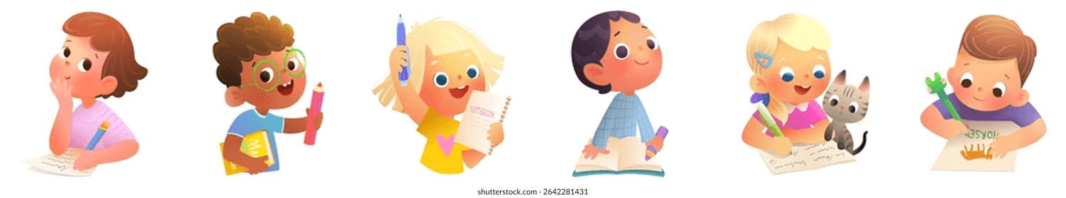 Back to school kids boys and girls writing and reading collection. Schoolchildren characters with books pencils and notebooks study to write and read. Colorful vector school children cartoon clip art.
