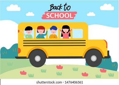 Back To School Kids Character design and yellow bus banner landing page illustration