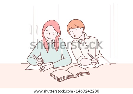 Back to school kids. Cheating on test. Teenager student peeping to the test-book of his female classmate sitting one desk before him. Boy copying another students work in exam i nexam. 