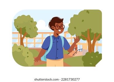 Back to school kids concept with people scene in the flat cartoon design. Boy goes to school after summer holidays. Vector illustration.