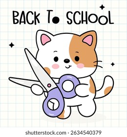 Back to School Kids. Cute Cat Cartoon holding Scissors School Supplies Stationery. Kawaii Animals Whimsical Character. Flat Illustration.