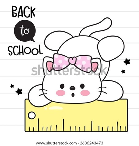 Back to School Kids. Cute Cat Cartoon on ruler School Supplies Stationery. Kawaii Animals baby girl Whimsical Character. Flat Illustration.